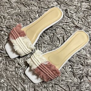 Fringed Slide Mules in Blush and Cream